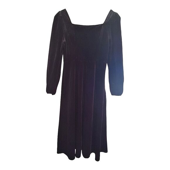 NWT Chic Square Neck Plain Black Velvet Midi Dress A-Line Japanese Brand Lined - Picture 2 of 16